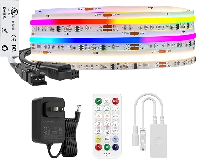 BTF-LIGHTING COB LED Strip Light,WS2811 Dual IC RGBCCT LED Strip Kit,UL Listed High Density Chasing IC RGB+Tunable White 3000K-6000K DC24V 9.8FT Bluetooth Music Controller for Home Indoor DIY Decor