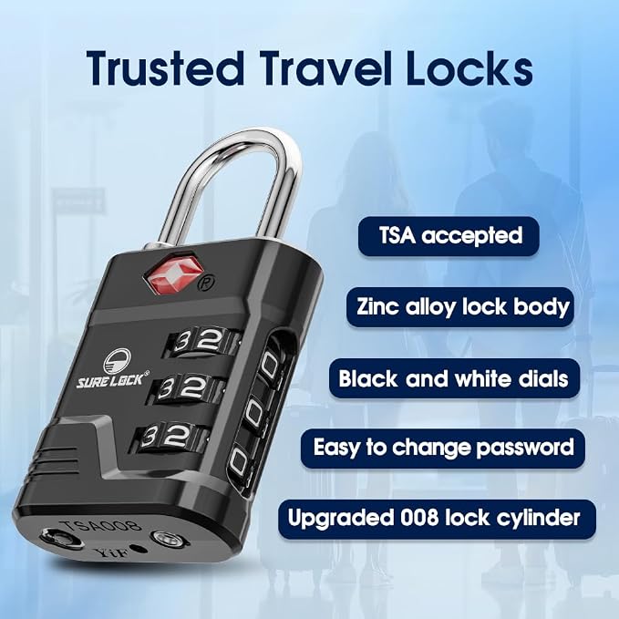 SURE LOCK TSA Approved Luggage Lock – 3-Digit Resettable Combination Padlock with Open Alert Red Dot, Large Easy-Read Dials for Suitcases, Backpacks, Gym & School Lockers (Black 2 pk)