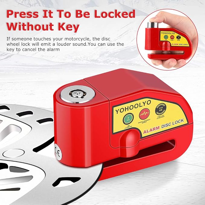YOHOOLYO Alarm Disc Lock Motorcycle Disc Brake Lock Anti-Theft Waterproof 110 dB 7mm Pin 5ft Reminder Cable for Motorcycles Bike Scooter Carry Pouch (Red)