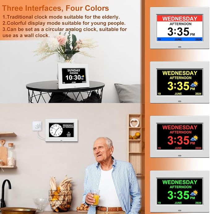 AINFTIME DST Digital Clock with Date and Day of Week for Elderly-12 Alarms Medication Reminder Dementia Alzheimers Clock Calendar with Extra Large Display No Power Adapter (7 inch White)