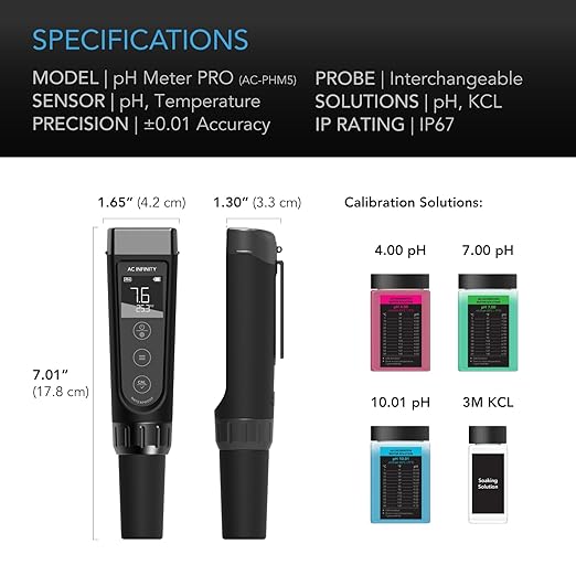 AC Infinity pH Meter PRO Kit with Replacement Probe for Water Hydroponics Plants, Gardening, Aquariums, Swimming Pools Bundle