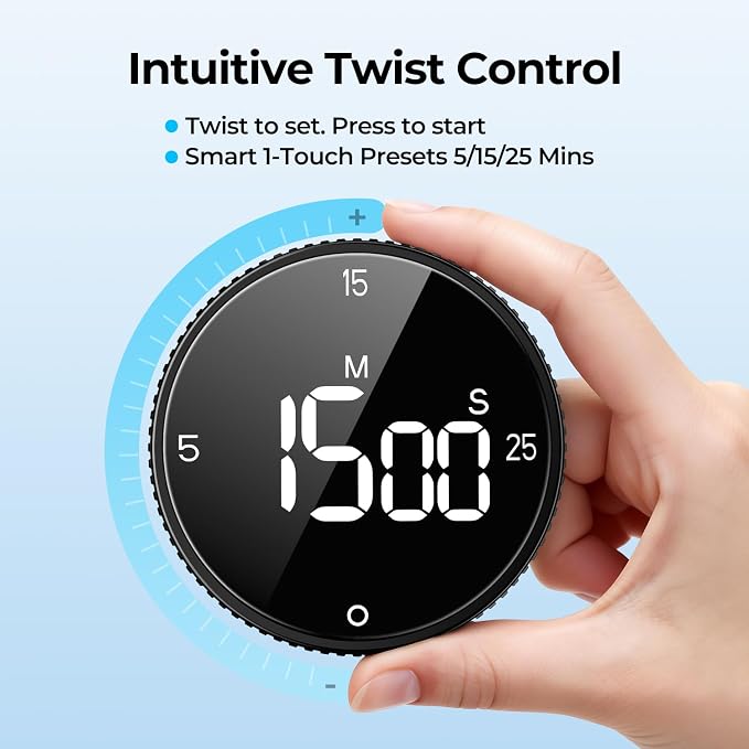 Digital Magnetic Kitchen Timer for Cooking, Large LED Countdown Timer, Rotating Pomodoro Timer, Volume Adjustable, 5/15/25 Min Presets for Kitchen, Baking Grilling Studying