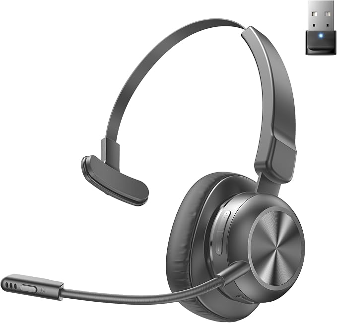 Bluetooth Headset with USB Dongle, Trucker Bluetooth Headset with AI Noise Cancelling Microphone & Mute Button, 50Hrs Single Ear Wireless Headphones for Truck Driver Phone Computer Office Work, Ash