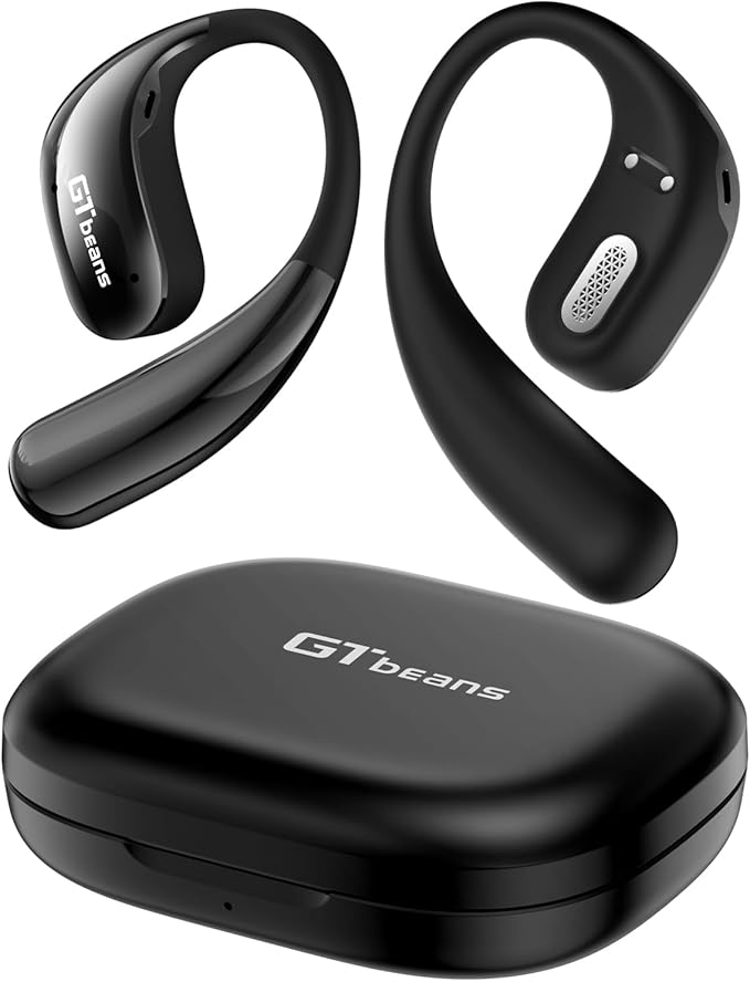 Open Ear Earbuds, Soft Earhook, 56H Playtime, Bluetooth 6.0, Bass | True wireless over ear headphones, Ergonomic fit, Powerful sound, AI clear call mic, IP55 waterproof for work, sport, Black