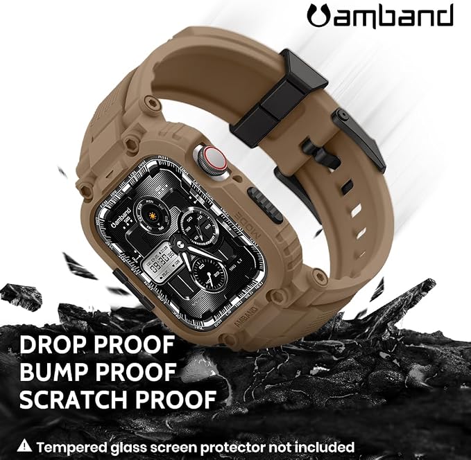 amBand Bands Compatible with Apple Watch 9/8/7 45mm, M1 Sport Series Rugged Case with TPU Strap Military Protective Tough Cover Bumper for iWatch SE3/SE2/SE/6/5/4 44mm Men Desert Tan
