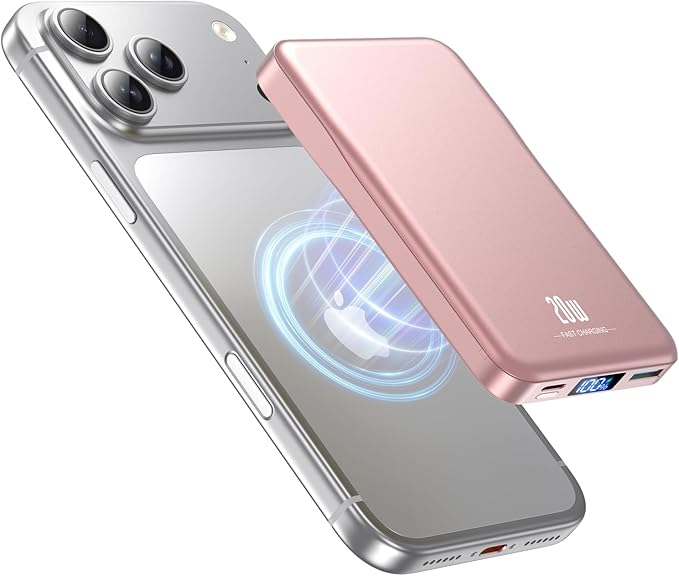 Aobbow Magnetic Portable Charger, 10000mAh for Magsafe Battery Pack, 20W Fast Charging Power Bank, Travel Essential of Wireless Charger Compatible with iPhone 17/16/15/14/13 Pro/Max/Air/Plus-Rosegold
