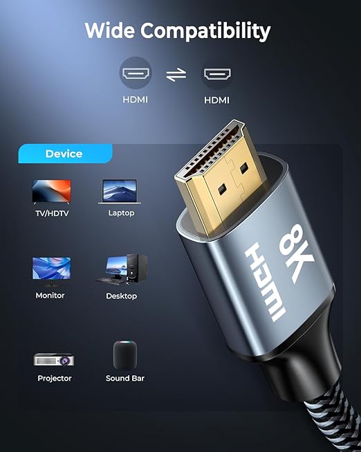 8K HDMI Cable 1 ft 2Pack, 48Gbps High Speed HDMI 2.1 Cable, Braided HDMI Cable 2.1 8K 60Hz 4K 120Hz Support for HDR eARC HDCP 2.2/2.3, HDMI Cord Compatible with HDTV, Laptop, Monitor, PC