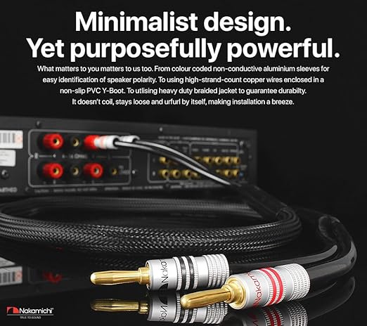 Nakamichi Excel Series 24k Gold Plated Banana Plugs with Speaker Cable Wire 99.9% Oxygen-Free Copper (OFC) Heavy Duty Braided for Amplifier Hi-Fi Home Theatre - Black (12 AWG / 15 feet / 4.5m)