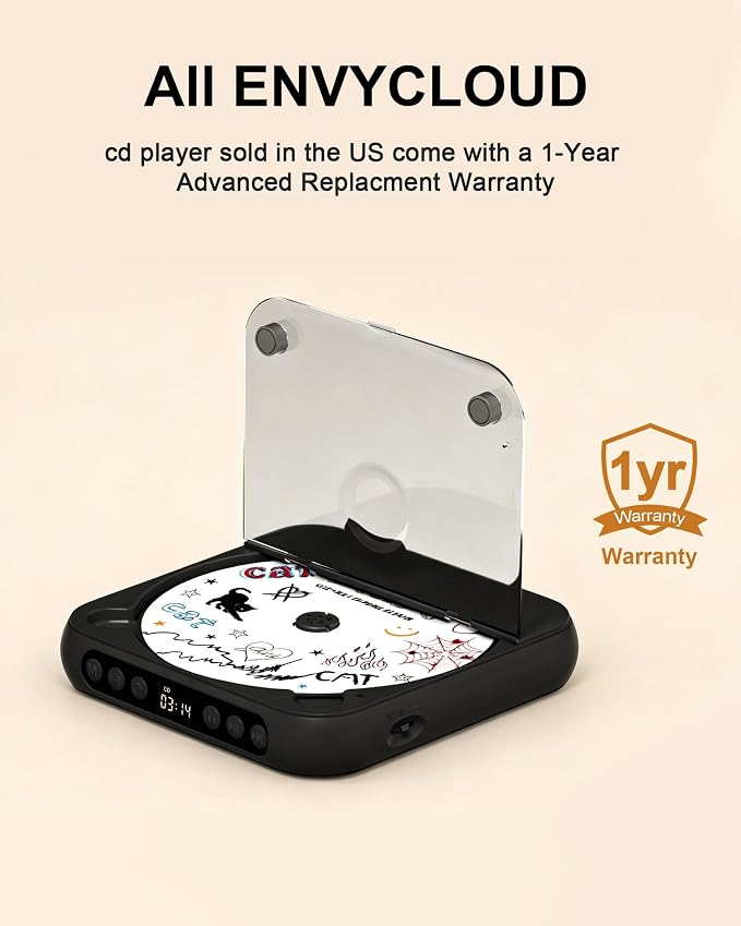 ENVYCLOUD CD Player Portable with Dual Stereo Speakers, Rechargeable Portable Player with Bluetooth for Home with Headphones, Support CD/AUX/USB,Black