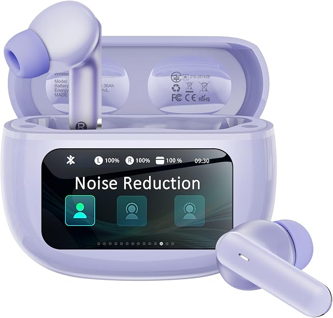 Wireless Earbuds with Smart Touchscreen Case, Bluetooth 6.0 Ear Buds with AI Noise Cancelling Calls, 40H Playtime Stereo Headphones, IPX7 Waterproof Earbuds for Workout, Travel, iPhone,Android,Purple