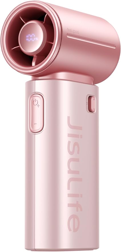 JISULIFE Mini Handheld Fan Life9S - Sleek Chrome: Turbo Power, 22 Hours Cooling, LED Display, 5000mAh, 5-Speed, Small Portable Fan for Travel, Cruise, Concerts, Trendy Gifts for Women Men-Pink