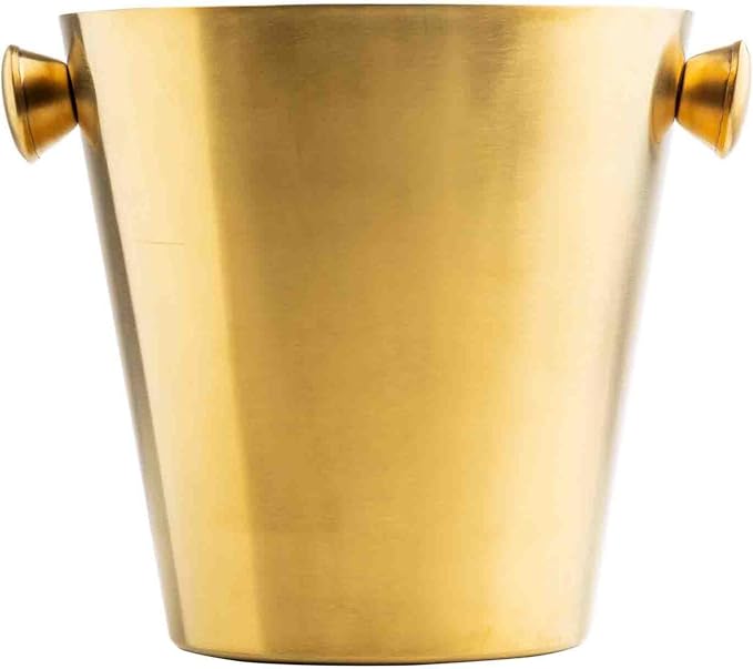 TableCraft 12931 Double Wall Wine Bucket with Knob Handles, 5 Quart Brushed Gold Stainless Steel Champagne Bucket, PVD Finish, Tapered Modern Design, Insulated Chilling Bucket for Bar or Tabletop