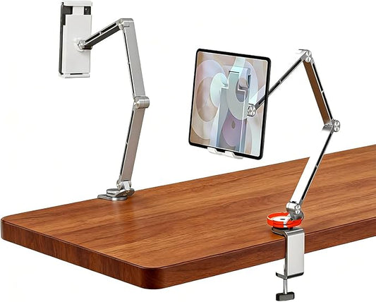 Adjustable Phone Tablet Mount,Ergonomic Multi Joint Stand with Sturdy Desk Clamp, 360° Rotatable & Height Compatible with Devices for Home,Office,Studio(Silver)