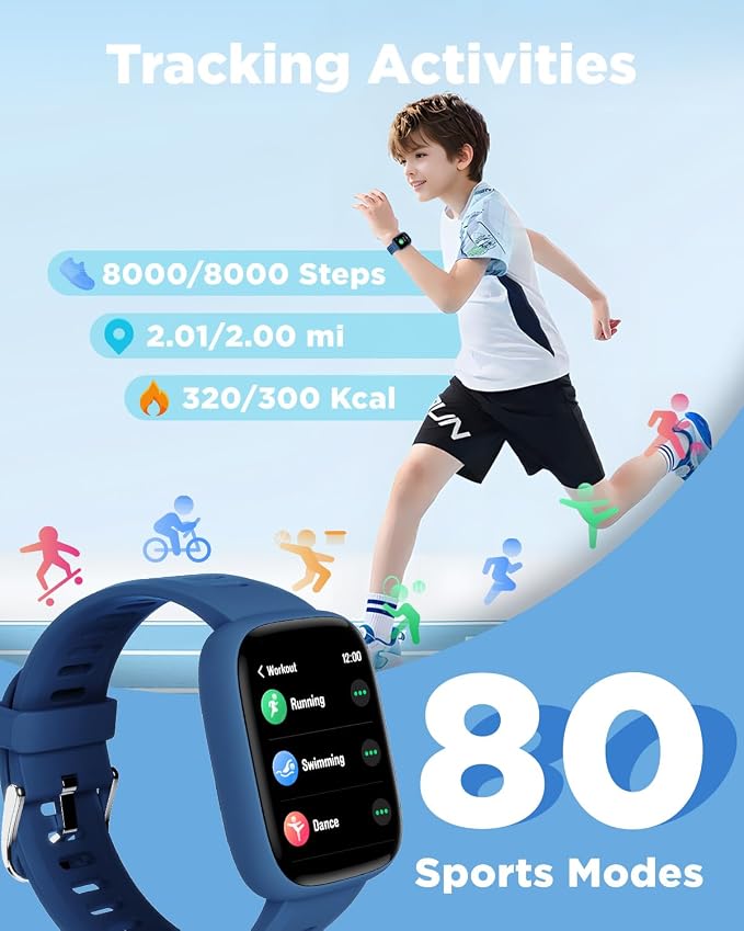 BIGGERFIVE Smart Watch for Kids, 1.8" Fitness Tracker Watch Pedometer, Heart Rate, IP68 Waterproof, Sleep Monitor, Calorie Step Counter, 5 Puzzle Games with/Without APP for Girls Boys Teens 5-16