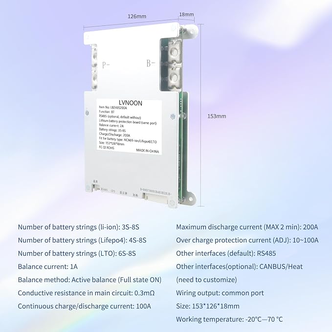 LB2A Smart Active Balancer BMS for Li-ion NCM LFP LiFePo4 LTO Battery Management System 3S 4S 5S 7S 8S 200A with APP Control 12V 24V (3-8S, 200A)