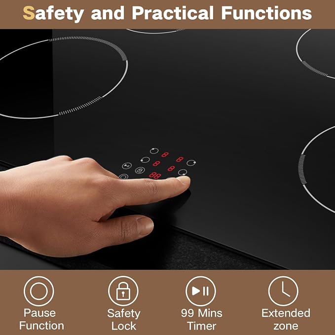 30 Inch Electric Cooktop Built-in Electric Stove Top, 4 Burner Electrics Stove 6400W, Touch Control, Extended Zone, Timer, Safety Lock, Pause, 220-240v, Hard Wire