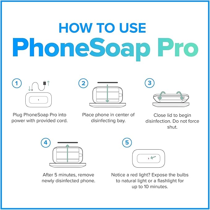 PhoneSoap Pro UV Smart Phone Sanitizer & Universal Cell Phone Charger Box | Patented & Clinically Proven 360-Degree UV-C Disinfection | Disinfects and Charges All Phones (White)