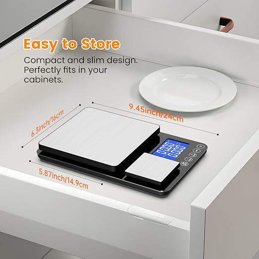 KKZ 0.001oz/33lb Kitchen Scale, Dual Platform Food Scale Grams and Ounces Rechargeable for Weight Loss Baking Cooking Meal Prep Sourdough Bread, Stainless Steel