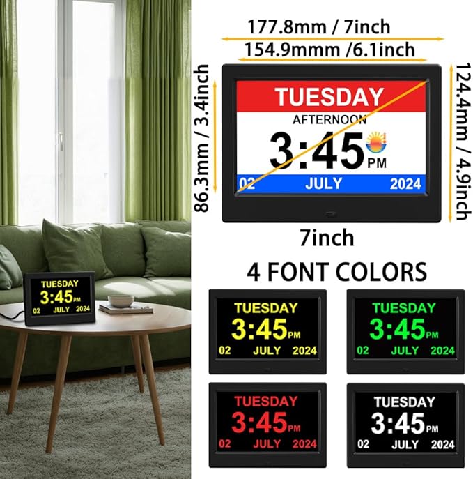 2026 Digital Clock Plug-in (No Battery), Power Outage Memory, DST Display Time, Date, Month, and Year Large-Font Clock for the Elderly, 7in Black