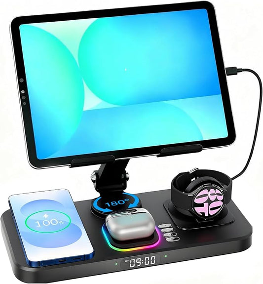 30W Tablet Wireless Charger for Samsung, Foldable Android Charging Station with Clock Display with 7-Color Light, Wireless Watch Charger for S25, Only Compatible Samsung Watch, Galaxy Buds3 Pro(Black)