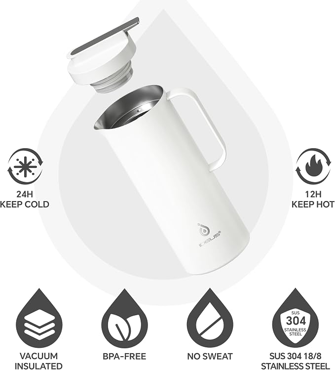 IDEUS Thermal Coffee Carafe 50oz (1,400ml), Stainless Steel Double Wall Insulated Vacuum Flask, Water Jug Coffee Server and Beverage Dispenser, Heat and Cold Retention, White