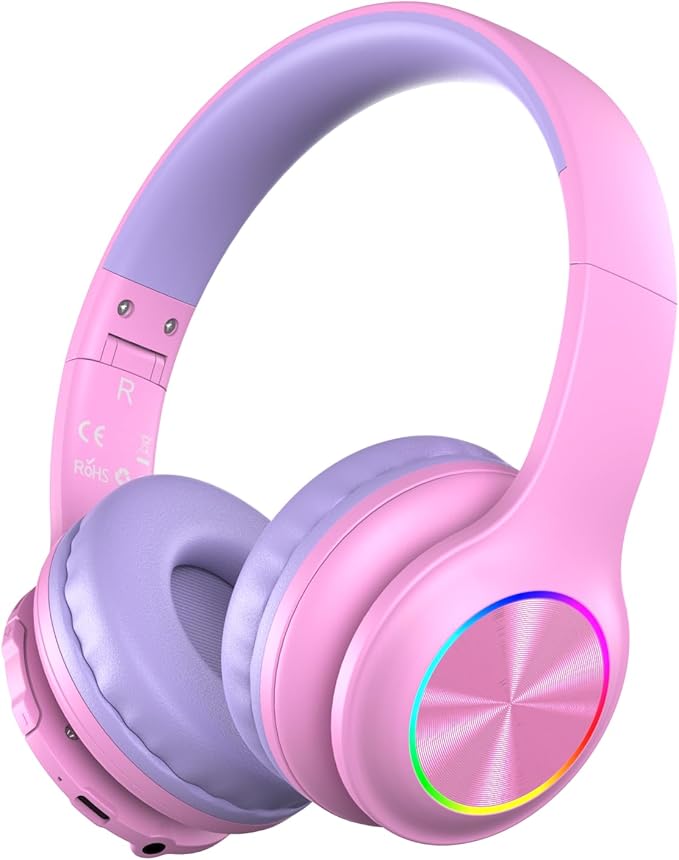 Candy Bila Kids Bluetooth 6.0 Headphones with LED Light, 85Hours Playtimes, Type-C Fast Charging, 85/94dB Volume Limited, Comfort Wireless Headphones with Built-in Mic, Wired & TF Card Mode, Pink