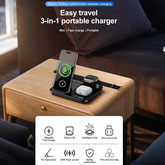 IHAO 3in1 Auto-Rising Wireless Charging Station 15W Fast Charge Ultra-Slim Foldable Design Wireless Charger for Phone Watch Earbud QC3.0 & PD Compatible
