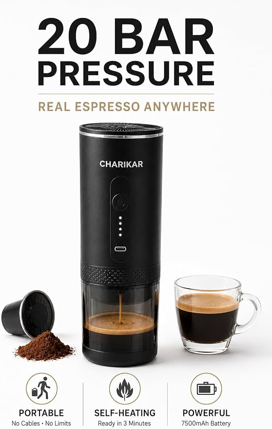Portable Espresso Machine, Self-Heating Travel Coffee Maker, 20 Bar 7500mAh Rechargeable Espresso Maker for Ground Coffee & Capsules, Compact Cordless Brewer for Camping, Car, Office & RV