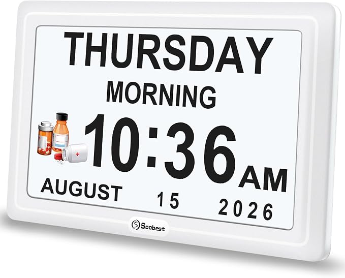 Soobest Dementia Digital Clock for Seniors Elderly, 20 Alarm Reminders 3 Ringtones for Memory Loss Alzheimers, Electric Time Date Day Large Display Calendar Clock, Auto DST, 1024 * 600P HD