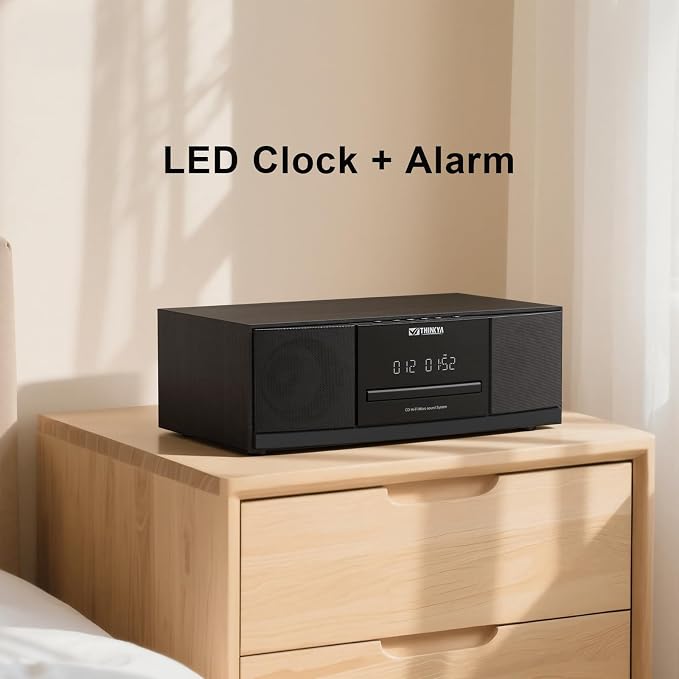 JA-318 CD Player Stereo System for Home, 36W RMS HiFi Bluetooth 5.3 CD Player with Speakers, FM Radio 40 Presets, USB/AUX Playback, LED Clock & Alarm, IR Remote Control, Modern Black Wood