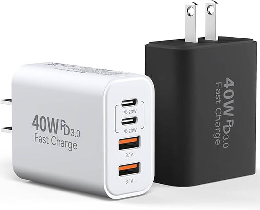 USB C Charger Block, 2-Pack 40W 4-Port Multiple Type C Fast Charging Phone Charger Brick +QC 3.0 USB A Wall Plug Out let Multiport Box Cube for Phone 15/14/13/12/11 Pro Max, Galaxy, Pixel, Black+White