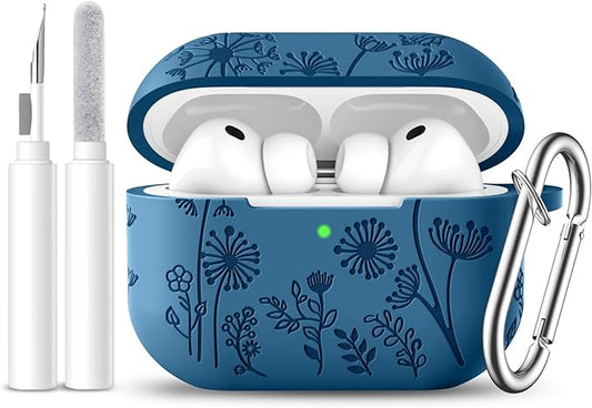 Lerobo for AirPods Pro 3 Case Cover with Cleaner Kit, Flower Engraved Soft Silicone Cover with Keychain Compatible with Apple AirPod Pro 3rd Generation Case 2025 for Women and Men, 360°Protection,Blue