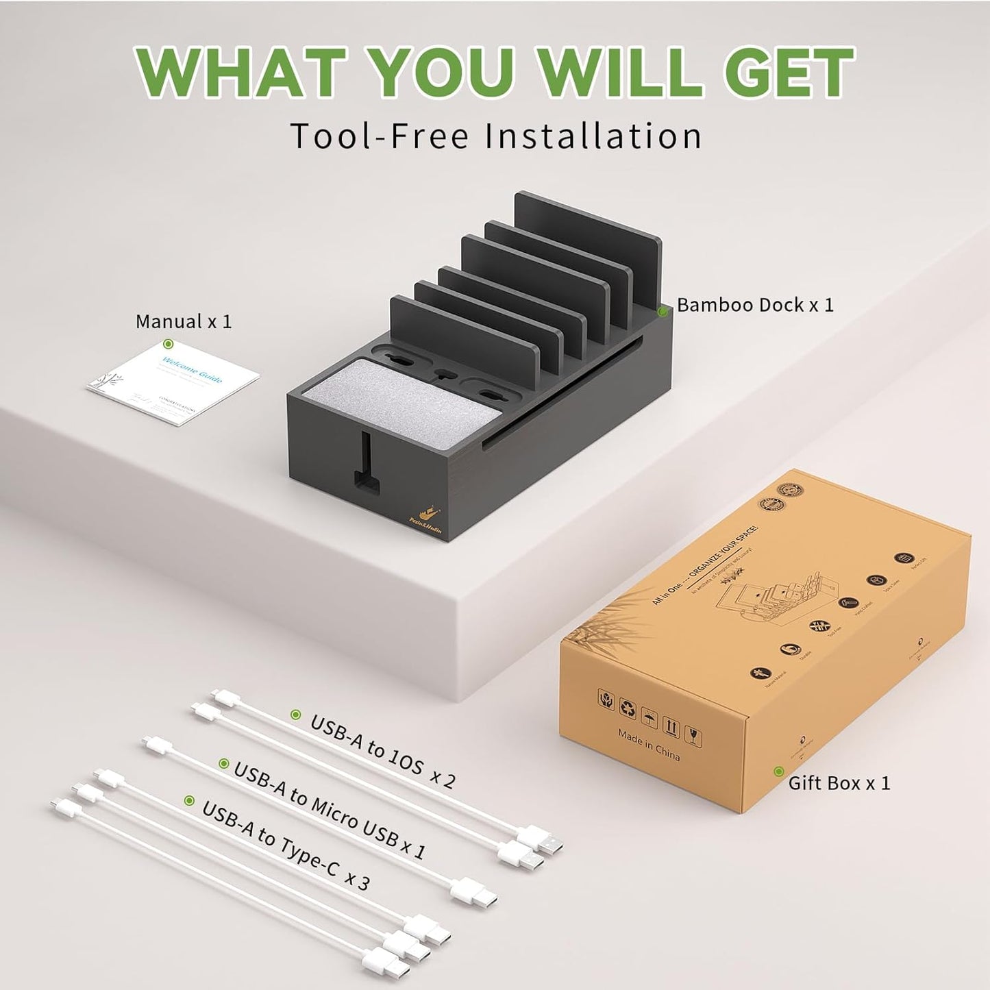 Pezin & Hulin Natural Bamboo Cable Management Box, Wire Organizers for Cords, Charge Station Box, Desktop Dock Organizer Rack for Electronic Device (Include 6 Cables)(No Power Adapter) -Black