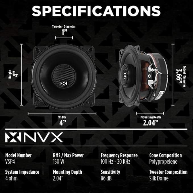NVX® VSP4 4" Premium Car Speakers, 450W Max, 150W RMS, 2-Way Coaxial w/ 1" Silk Dome Tweeters & Built-in X-Overs, Easy to Install in Cars/Trucks/Doors (Pair)