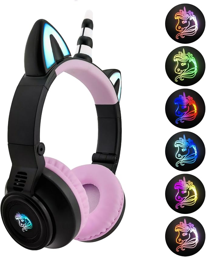 Unicorn Headphones for Girls,Bluetooth Unicorn Headphones Toddler School Laptop Cellphones Plane use, Light Up Wireless Kid Headphone Birthday Gifts (Black)