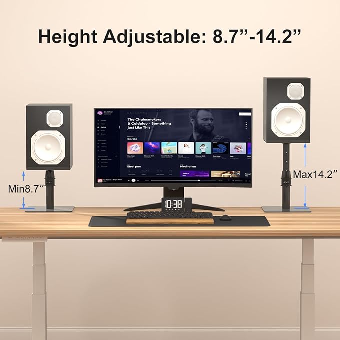 Suptek Free-Standing Speaker Stand Desktop Set, 9.6 x 8.8 inch Trays, Height Adjustment and Tilt, Universal Audio Holders for Computer and Bookshelf Speakers, Elevated Sound, 2 Pack, Black, SDM001T