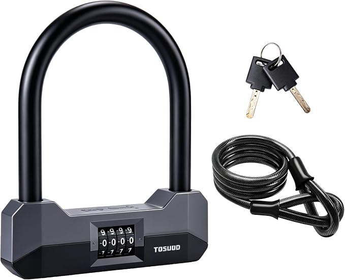 Bike Locks Heavy Duty Anti Theft, 18mm Bicycle Combo U Lock, 4-Digit Resettable Combination Lock with 5FT Steel Cable and Bracket, for Electric Scooter, Ebike, Motorcycle (Gray) (Black)