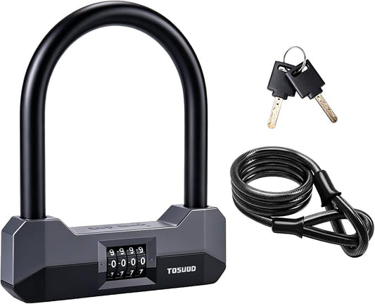Bike Locks Heavy Duty Anti Theft, 18mm Bicycle Combo U Lock, 4-Digit Resettable Combination Lock with 5FT Steel Cable and Bracket, for Electric Scooter, Ebike, Motorcycle (Gray) (Black)