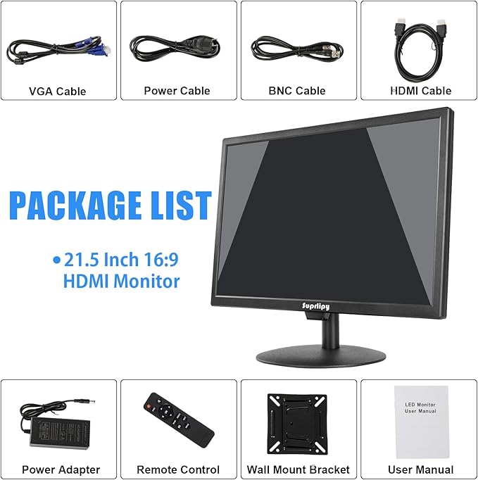 21.5" FHD Mini LCD Monitor Display Screen 1920x1080 60Hz 16:9 BNC VGA HDMI AV with USB Input Built-in Loudspeaker for CCTV Security Camera DVR PC Game Console