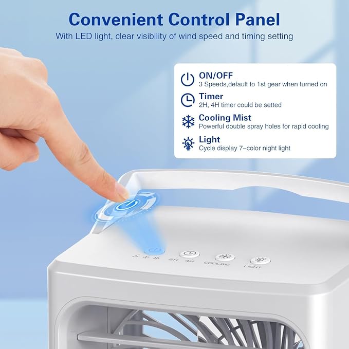 Portable Air Conditioners, 3-In-1 Mini Portable AC Unit 3 Speed with Icy Mist, 900ML Water Tank Cooling Fan with 2/4H Timer 7 Color Lights, Evaporative Cooler Fan for Car Bedrooms Offices Desk Rv Room
