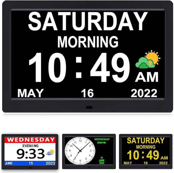 AINFTIME DST Digital Clock with Date and Day of Week for Elderly-12 Alarms Medication Reminder Dementia Alzheimers Clock Calendar with Extra Large Display (10.1 inch Black)
