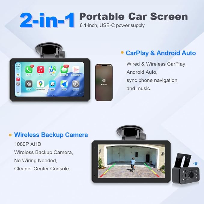 6.1 Inch Portable Car Screen, Wireless & Wired CarPlay Android Auto, 1080P Wireless Backup Camera, 60Hz, 800nit INCELL Display, Universal for Cars SUVs Pickups RVs