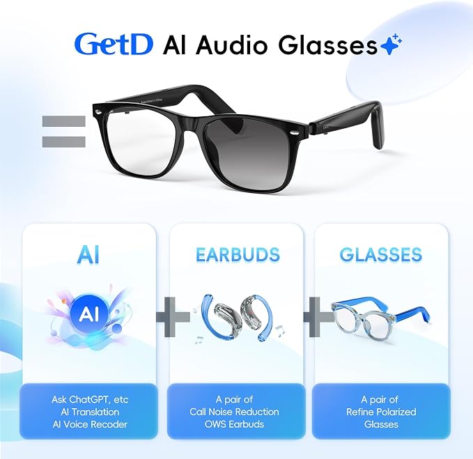 GetD 2026 AI Glasses for Men & Women, Smart Glasses Powered by ChatGPT, AI Real-time Translation with 145 Languages, 11H Music Play, Bluetooth Glasses with Photochromic Lens for Daily Use, Travel