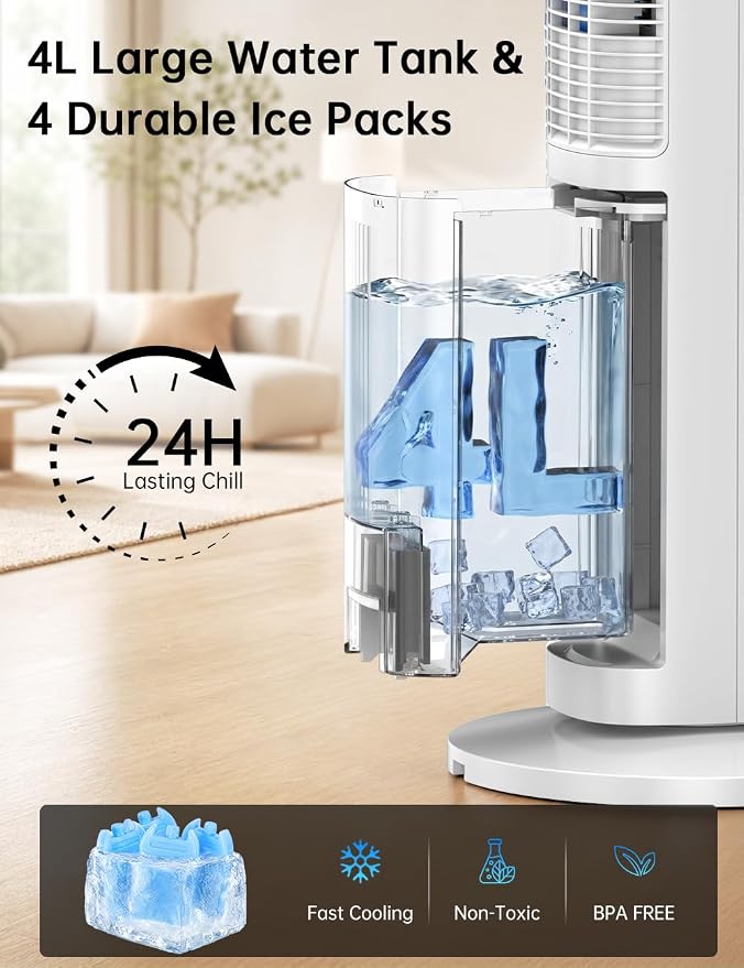 45" Windowless Air Conditioner, Portable Swamp Cooler Air Conditioner w/3 Speeds Max 30 ft/s, 4Modes, 4L Tank & 12H Timer, 120°Oscillation, 20 Ft Remote Evaporative Air Cooler for Room Indoor