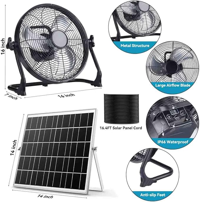 ZZE 14 Inch Battery Operated Fan Rechargeable with Solar Panel, Upgraded with High Airflow Metal Blade Camping Fan, Cordless, Quiet, USB Phone Charge, 5-75H Working Time