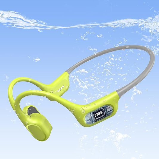 IP68 Waterproof Swimming Headphones, Bone Conduction Liquid Silicone Bluetooth Headphones, Built-in 32GB MP3 Player, Soft and Lightweight Open-Ear Design, Ideal for Swimming/Marathons/Cycling(Neon)
