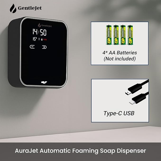 GentleJet AuraJet Automatic Foaming Soap Dispenser Wall Mount – Touchless Sensor, LED Display, 5 Foam Levels, Rechargable USB-C or Battery Powered, Aluminum Alloy, 480 ml Refillable
