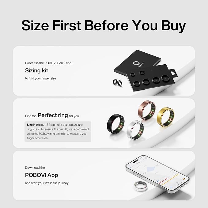 POBOVi Gen 2 Titanium Smart Ring for Women & Men, Sleep & Heart Rate Tracker, No Subscription, Size Before You Buy (Silver, 8)