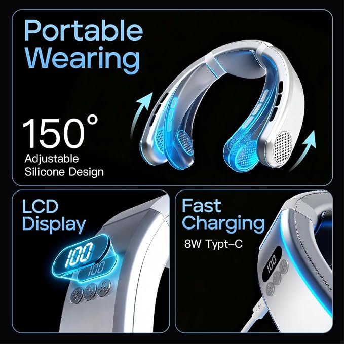 Neck Fan Rechargeable with Semiconductor Cooling Plate, 7000mAh Portable Neck Air Conditioner 3+ Hours Battery, 360g Lightweight Wearable for Travel Hot Flashes Outdoor