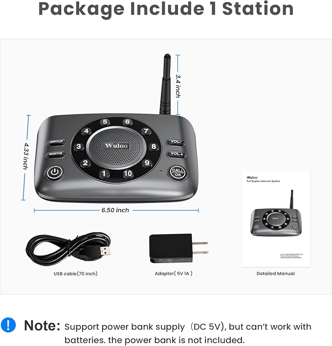 Hands-Free Intercoms Wireless for Home Business, Wuloo Upgrade Two Way Audio Intercom System for Elderly, Full Duplex Room to Room Intercom with 5280 ft Range Clear Sound Anti-Interference, 1-Pack